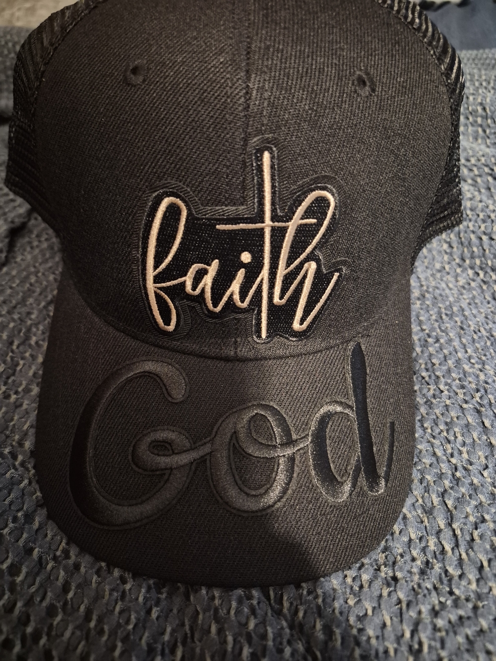 Men's Black "Faith" Bsll Cap  Script Faith & God Design